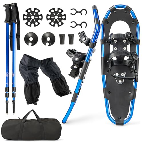 COSTWAY Set 4 in 1 Ciaspole da Neve 53/63/78 cm per Uomini, Donne e Ragazzi con Sistema di Fissaggio, Telaio in Alluminio, Bastoncini da Trekking, Ghette Gambe Impermeabile e Borsa