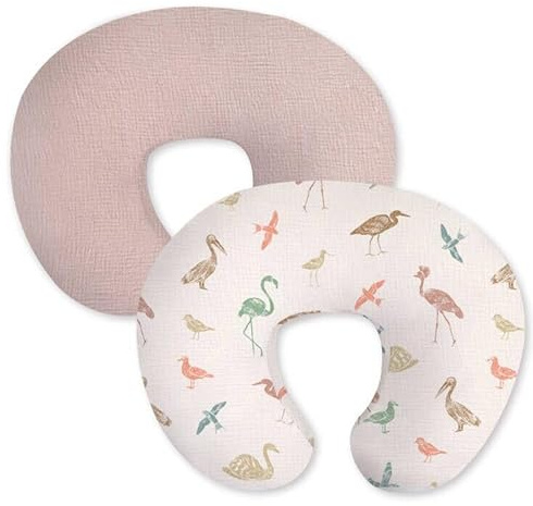 Little Grape Land Muslin Nursing Pillow Covers, 100% Cotton Removable Breastfeeding Pillow Covers, Breathable Slipcover for Baby Boys & Girls, (Wetland Birds & Rosy)