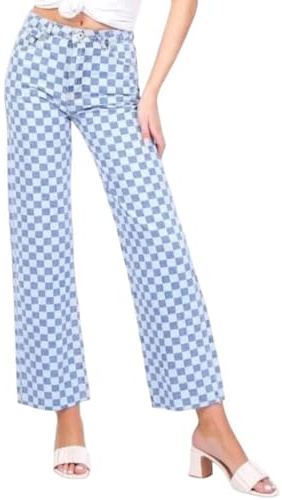 Sotala Schlaghose Bootcut Jeans Damen Hose kariert Checkerboard Denim Mid Rise – 5-Pocket – leicht ausgestellt Karo Muster Streetwear Y2K 90er Trend bequem & figurfreundlich blau Retro Look Casual