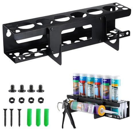 Silicone Holder Wall-Mounted Caulk Gun & Tube Rack, 6-Hole Sealant Organizer with Horizontal Base, Work Truck Van Storage Organizer, Holds Caulk Gun, Sealant Tubes & Nozzles (16.54x4.33x4.33 Inches)