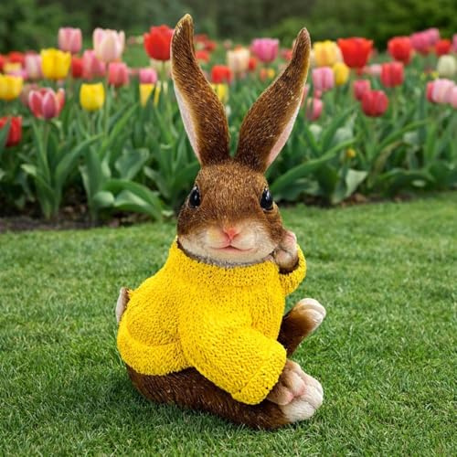 Online Fuchs Gartenfiguren für draußen süßer Hase mit gelben Pullover - Deko Garten Figuren für Ostern, Frühling und Sommer – 23 cm groß – wetterfest
