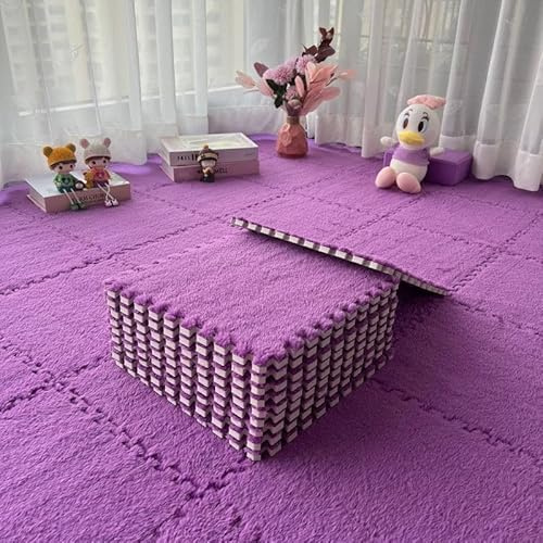 10 Pack Soft Plush Interlocking Foam Floor Mats, 30x30cm Carpet Tiles for Kids, Washable EVA Foam Play Mat for Nursery, Bedroom, Living Room, Home Gym - Easy to & Assemble (Dark Purple)