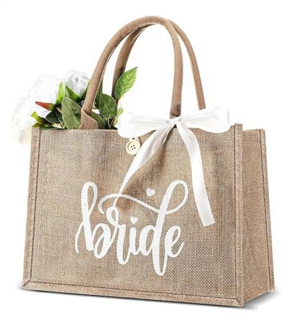fshxj Brauttasche aus Jute in Gelb mit „Bride“-Aufschrift,mit weißer Bandverzierung,35 x 25 x 13 cm,Hochwertige Jute Bag für Junggesellenabschied,Hochzeit,Verlobung,Flitterwochen und Brautparty