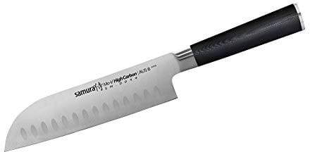 Samura MO-V Profi Santokumesser ultra-scharf, groß, aus japanisch AUS 8 Edelstahl, 18 cm Klinge, mit G10 Handgriff aus Carbon, Küchenmesser, Allzweckmesser