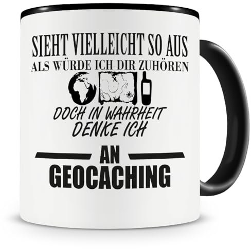 Samunshi® Ich denke an Geocaching Tasse Kaffeetasse Teetasse Kaffeepott Kaffeebecher Becher H:95mm/D:82mm schwarz