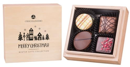 CHOCOLISSIMO - Schokolade Geschenk - 4 handgemachte Pralinen im Holzkästchen, ohne Alkohol - Weihnachtsschokolade, Geschenk zu Weihnachten, alkoholfrei - für Kinder, Frau, Mann, Mädchen, Junge - Xmas