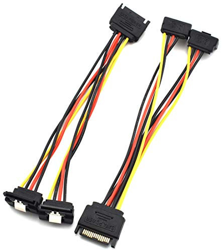 SDTC Tech 15 Pin SATA Power Splitter Adapter Cable Male to Dual Female 90-Degree Angle with Locking Latch Power Extension Cable (Copper/20cm) - 2 Pack