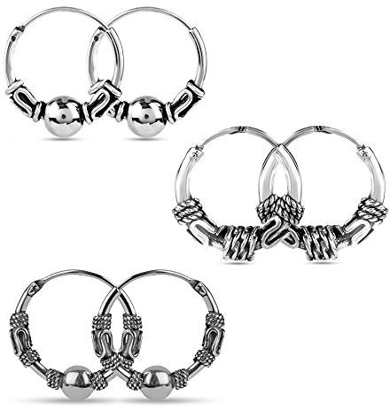 LeCalla Bali-Creolen-Ohrringe aus 925er-Sterlingsilber für Damen, Balinesische Tribal-Kugel-Perlen, klein, zweifarbig, endloses Set, Bali-Creolen, Twist-Piercing, Knorpel, Nase, Lippen, Teenager