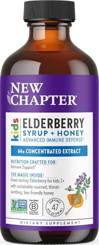New Chapter Elderberry Kids Syrup, Advanced Immune Defense for Ages 2+, 64x Concentrated Elderberry, Sweetened with Throat-Soothing Grade A Honey, Non-GMO Project Verified, 4 Fl Ounce