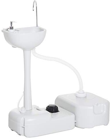 Outsunny Fregadero Portátil Lavamanos para Actividades al Aire Libre o Camping con Tanques de Recuperación de Agua 17 L Dispensador de Jabón Y 2 Ruedas HDPE 83x50x103 cm Gris Claro