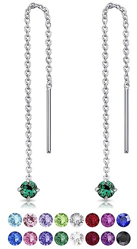 DTPsilver® KLEINE Durch Ohrringe ziehen 925 Sterling Silber mit Baumelnde 3 mm Swarovski® Elements Kristall - Farbe : Smaragd