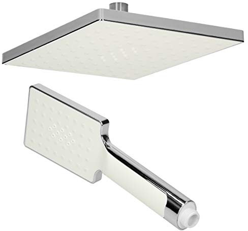 ECD Germany Regendusche Duschkopf Handbrause Set - aus Edelstahl - Weiß/Silber - Eckig - Anti-Kalk Düsen - Duschbrause Brausekopf Regenduschkopf Einbauduschköpfe Überkopfbrause Dusche Regen Duschset