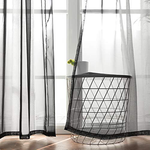 MIULEE 2er Set Voile Vorhang mit Ösen Transparente Gardine aus Voile Polyester Ösenschal Transparent Wohnzimmer Luftig Dekoschal für Schlafzimmer Schwarz 160 x 140cm H x B, Grommet Top