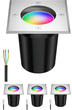 ledscom.de 4 Stück Smarte Boden-Einbauleuchte RELI für außen Edelstahl eckig IP67 inkl. Smart Home RGBW GU10 LED Lampe, 5,41W, 473lm