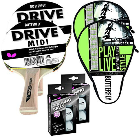 Butterfly Tischtennis Hobby Set | 2 Tischtennisschläger Drive Midi + 2 Tischtennishüllen + 12 Tischtennisbälle Training weiß | Tischtennisschlägerset | kleinere Schläger speziell für Kinder