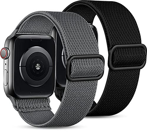JUVEL Pack 2 Strap Compatible with Apple Watch Straps 45mm 44mm 41mm 40mm 38mm 42mm 49mm, Nylon Sport Elastic Replacement Solo Loop for iWatch SE Ultra Series 8 7 6 5 4 3 2 1, Black/Grey