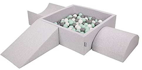 KiddyMoon Spielplatz Aus Schaumstoff Mit Quadrat Bällebad (300 Bälle) Ballgruben Für Babys Spielbad Hindernisläufen, Hergestellt In Der EU, Hellgrau:Weiß/Grau/Minze