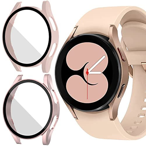 Jvchengxi [2 Stück Hülle für Samsung Galaxy Watch 4 / FE 40mm Glas Schutzhülle, HD Kratzfest Schutzfolie Hart Matt PC Vollschutz Gehäuse Displayschutz Case für Galaxy Watch FE / 4 (Roségold/Rosa)