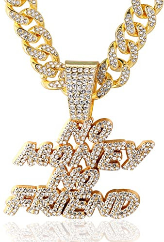 Halukakah ● NO MONEY NO FRIEND ● Goldkette für Herren 18k Echtgold PlattiertIced Out Anhänger Halskette,Volle Cz-Labordiamanten Zinken-Set,14mm Kubanische Gliederkette 45cm,Kostenlose Geschenkbox