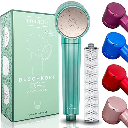 BORBETO® Duschkopf Shine CARIBBEAN SEA MINT – sanfter & reiner Wasserstrahl optimal für Haut & Haare durch Mikrodüsen & hochwertigem Wasserfilter – Wassersparende Handbrause – moderner Brausekopf