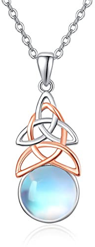 TANGPOET Moonstone Necklace 925 Sterling Silver Celtic Knot Necklace Irish Rose Gold Pendant Valentines Day Jewellery Gifts for Women Ladies Girls