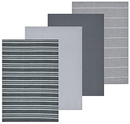 Sleepdown Textured Stripe Printed & Waffle Tea Towels 100% Cotton Half Panama - Super Absorbent Luxury Hotel Quality Kitchen Towel - Pack of 4 - Grey - 46cm x 65cm