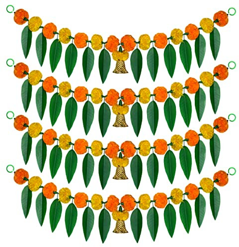 iHandikart Artificial Marigold Bandanwar Pack of 4 with Mango Leaves and Bells - 40 Inch, Yellow and Mango - Home & Festive Decorations, Housewarming Gift