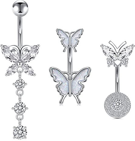 AVYRING Bauchnabelpiercing Schmetterling Anhänger 10MM 14G Chirurgenstahl Damen Nabelpiercing Bauchnabel Piercing Belly Silber