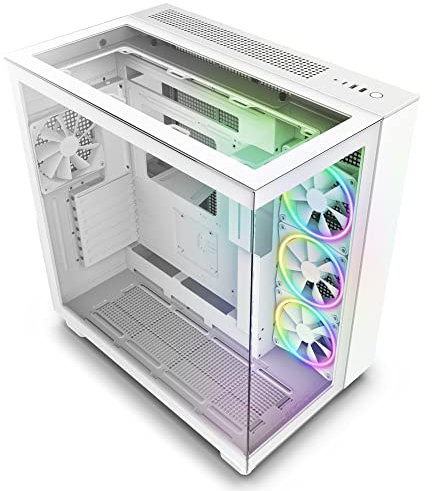NZXT H9 Elite Dual-Chamber ATX Mid-Tower PC Gaming Case – Includes 3 x 120mm F120 RGB Duo Fans with Controller– Glass Front, Top & Side Panels – 360mm Radiator Support – Cable Management – White