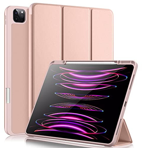 Vobafe Hülle Kompatibel mit iPad Pro 12.9 Hülle 6./5./4./3.Generation, TPU Flexible Rückseite mit Stifthalter für iPad Pro 12,9 2022/2021/2020/2018, Unterstützung Pencil 2 Aufladung, Rosé Gold