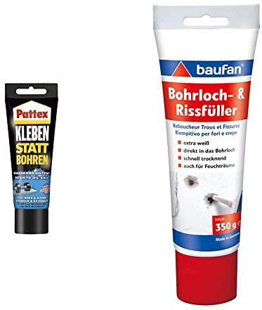 Pattex Montagekleber Kleben statt Bohren Wasserresistent, Kraftkleber für innen & außen, universell einsetzbarer Baukleber, 1 x 340g & Baufan 4016215101421 Bohrloch- und Rissfüller Spachtelmasse, weiß