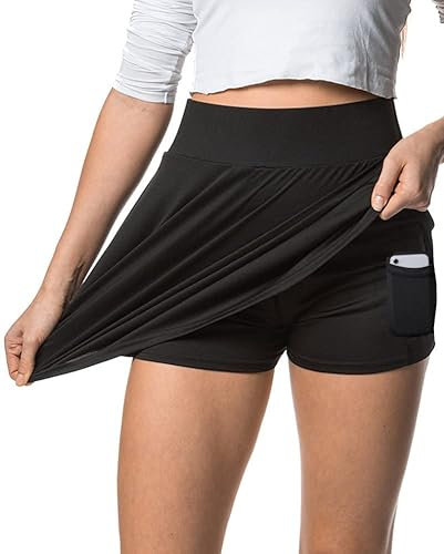Damen Rock mit Innenshorts und Handytasche - weicher Microfaser Stoff mit knitterfreien hohem Bund - schwarz XL