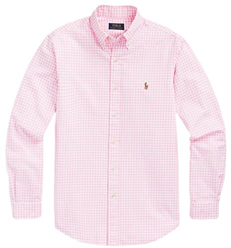 Polo Ralph Lauren Men's Classic Long Sleeve Oxford Shirt, (Spring/Summer 2023) Checkered Pink/White, Large