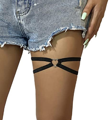 Mädchen Beinkette Punk Bein Strumpfband Gürtel Oberschenkel Ketten Schwarz Körperkette Festival Rave Körperzubehör mit kleinem Herz Dekor Oberschenkel Gürtel Holster für Frauen Kostüm Gothic