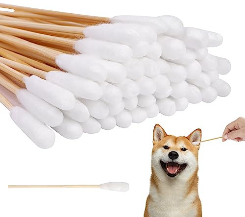 Vaktop Hunde Wattestäbchen, 50 Stück Haustiere Ohrreiniger Lang, Ohrreinigungsstäbchen Haustier mit Breiter Kopf - für Haustiere Hunde, Katzen (12cm)
