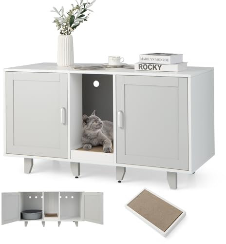 COSTWAY Meuble Litiere Chat en Bois, Cache Litiere Chat Double Porte 3 en 1, Planche à Griffer, 6 Pieds Surélevés Amovibles, 6 Passe-Câble, Maison de Toilette Chat, 120 × 52 × 65 CM, Gris