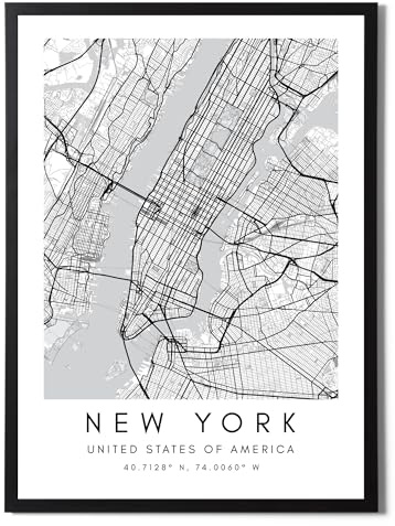 State Media Vision New York World City Map Poster, individuelles Set, minimalistischer Druck für Schlafzimmer oder Wohnzimmer, Schwarz und Weiß, New York Wandkunst (nur New York, A4-Druck)