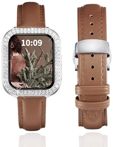 BINLUN Leather Strap Compatible with Apple Watch 45mm 44mm 41mm 40mm Women Leather Band with Glitter Diamond Rhinestone Case Compatible with iWatch Series 9/8/7/SE2/SE/6/5/4(40mm,Brown)