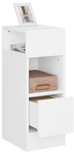 eSituro Narrow Bedside Table with 2 Open Compartments and 1 Drawer, White Nightstand 25x30x66 cm, Space Saving Cabinet Night Table for Bedroom Living Room, Wooden, SCD0213