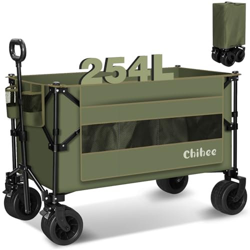 Chihee Handwagen Gartenwagen Zusammenklappbar Außenbereich Dienstprogramm Bollerwagen,Strandwagen 254L,Hochbelastbar Tragbarer Wagen All Terrain Räder Überdimensionale Seitentasche 2 Getränkehalter