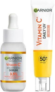 Garnier SkinActive - Coffret Routine Vitamine C - Sérum Anti-Taches Brunes + Fluide Anti-UV Quotidien Glow - Réduit les Taches Brunes et Protection SPF50+ - Enrichis en Vitamine C - Tous Types de Peau
