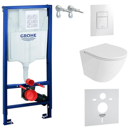 Lavita Elemento Prefabbricato Solido + WC Sospeso a Parete Sofi One Bianco Senza Bordo + Sedile WC con Abbassamento Automatico Bianco Lucido Pulsante Set Completo Cassetta di Scarico Incassata Set