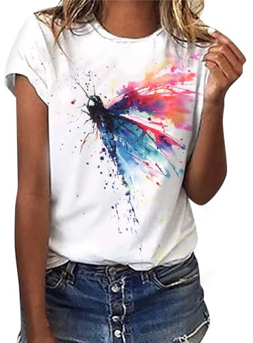 heekpek Sommer T-Shirt Damen Basic T Shirt Bedrucken Rundhalsausschnitt Weiß Oberteile Baumwolle Casual Damen Kurzarm Bluse Tops, Libelle, L