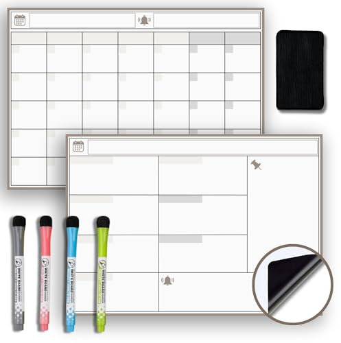 Monvara® Set Calendario Magnético Nevera 2025 - Planificador Mensual y Organizador Semanal A4 + 4 Rotuladores y Borrador - Lista de Compra, Menú, Rutina, Tareas (Pack, 30x21cm)