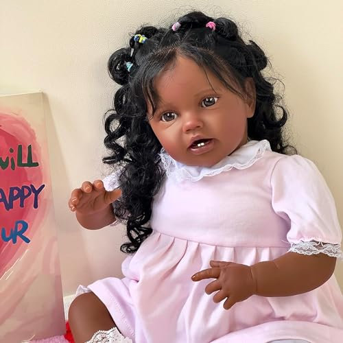 Anano 24 Zoll Reborn Puppen Lebensechte Babypuppen Mädchen Wie Echt Babys Aussehen Lebensgroße Reborn Baby Puppe Toddler Dunkel Schwarze Mädchen Hautfarbe Mit Langen Haaren