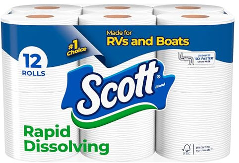 Scott Rapid-Dissolving Toilet Paper, 12 Double Rolls, Sustainable, Septic-Safe, Toilet Paper