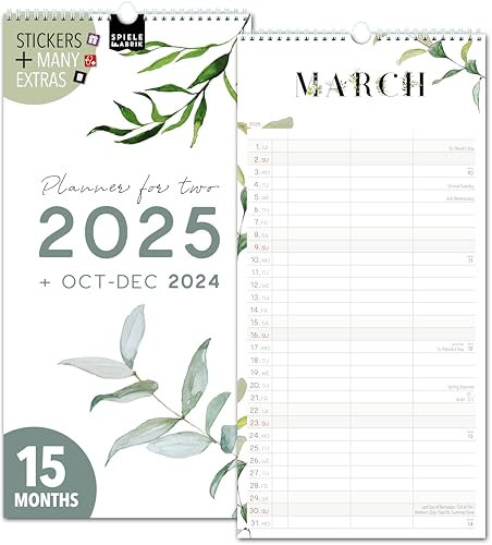 Couple calendar 2025 3 columns FLORAL for two 2025 and Oct-Dec 2024, 16x32,5cm, calendar for couples 2025, persons Boho, flowers, design