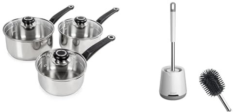 Morphy Richards 970003 Equip 3-Piece Pan Set, Stainless Steel & Ibergrif M34152 Silicone Toilet Brushes & Holders, Deep Cleaner, Toilet Brush with Quick Drying Holder Set for Bathroom