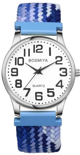 JewelryWe Herrenuhr Geflochten Elastische Uhr: Einfache Analog Quarz Armbanduhr Herren Blau Gewebt Stretcharmband Lässige Uhr mit großen Zahlen Zifferblatt für Senioren ältere Menschen