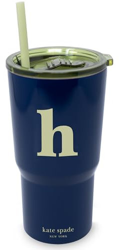 kate spade new york 20 Ounce Insulated Initial Tumbler for Cold and Hot Drinks with Reusable Straw, Stainless Steel Travel Cup with Slide Top Lid (H)